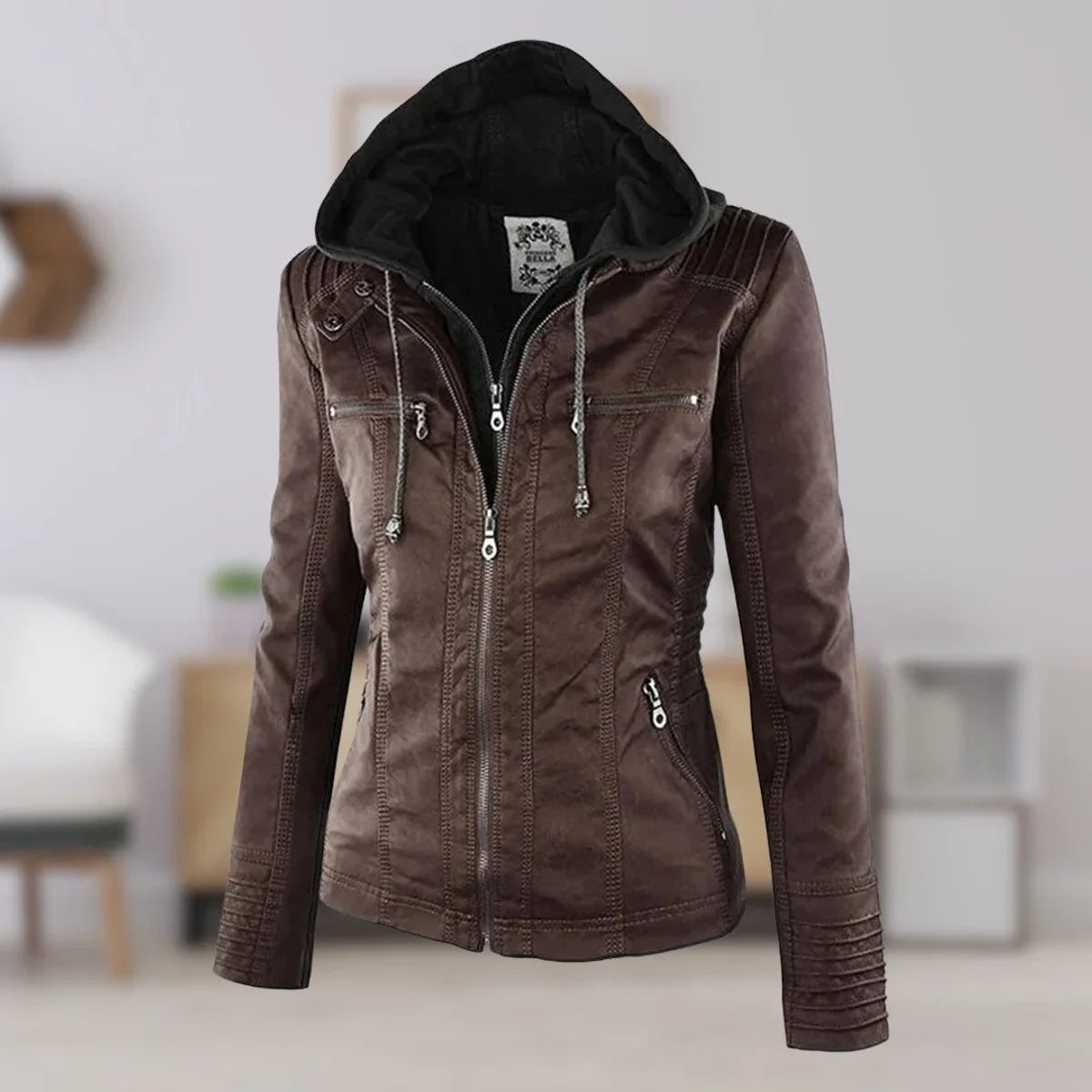 Women's hooded faux leather moto coat removable hood – Brown