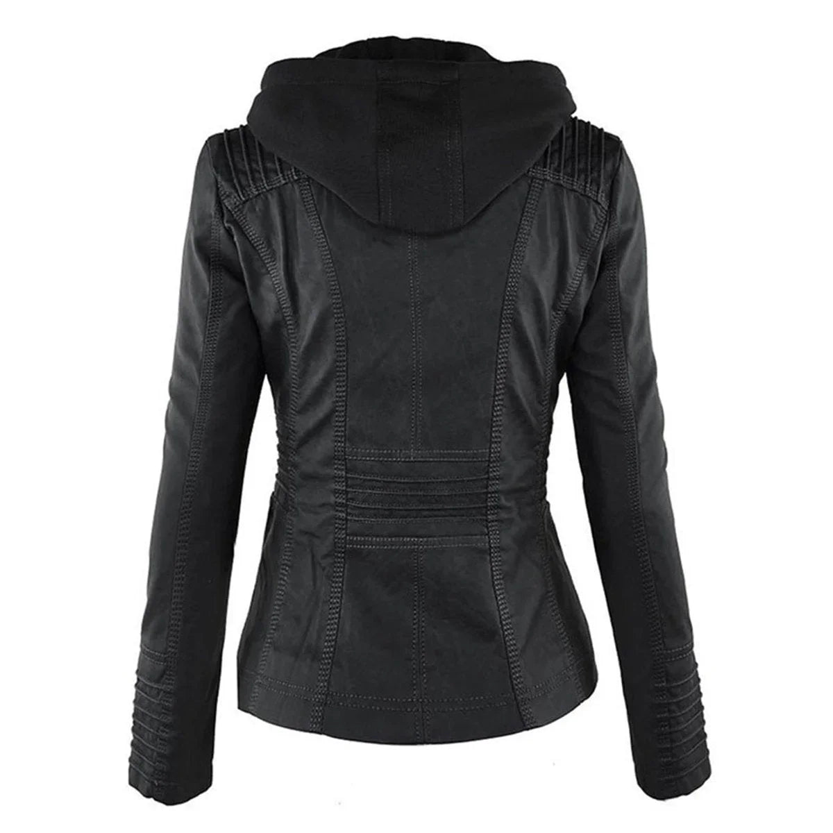Women's hooded faux leather moto coat removable hood