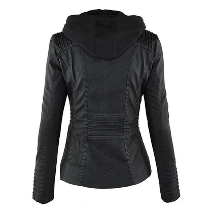Women's hooded faux leather moto coat removable hood