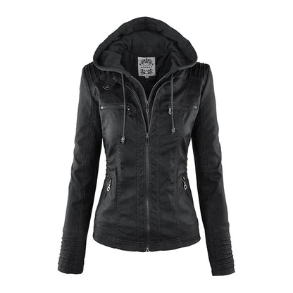 Women's hooded faux leather moto coat removable hood