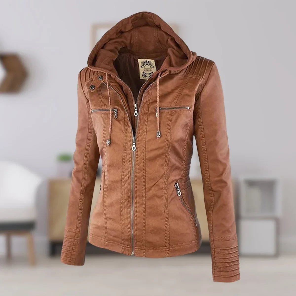 Women's hooded faux leather moto coat removable hood – Khaki