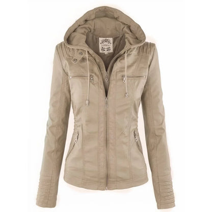 Women's hooded moto faux leather jacket removable hood – Beige