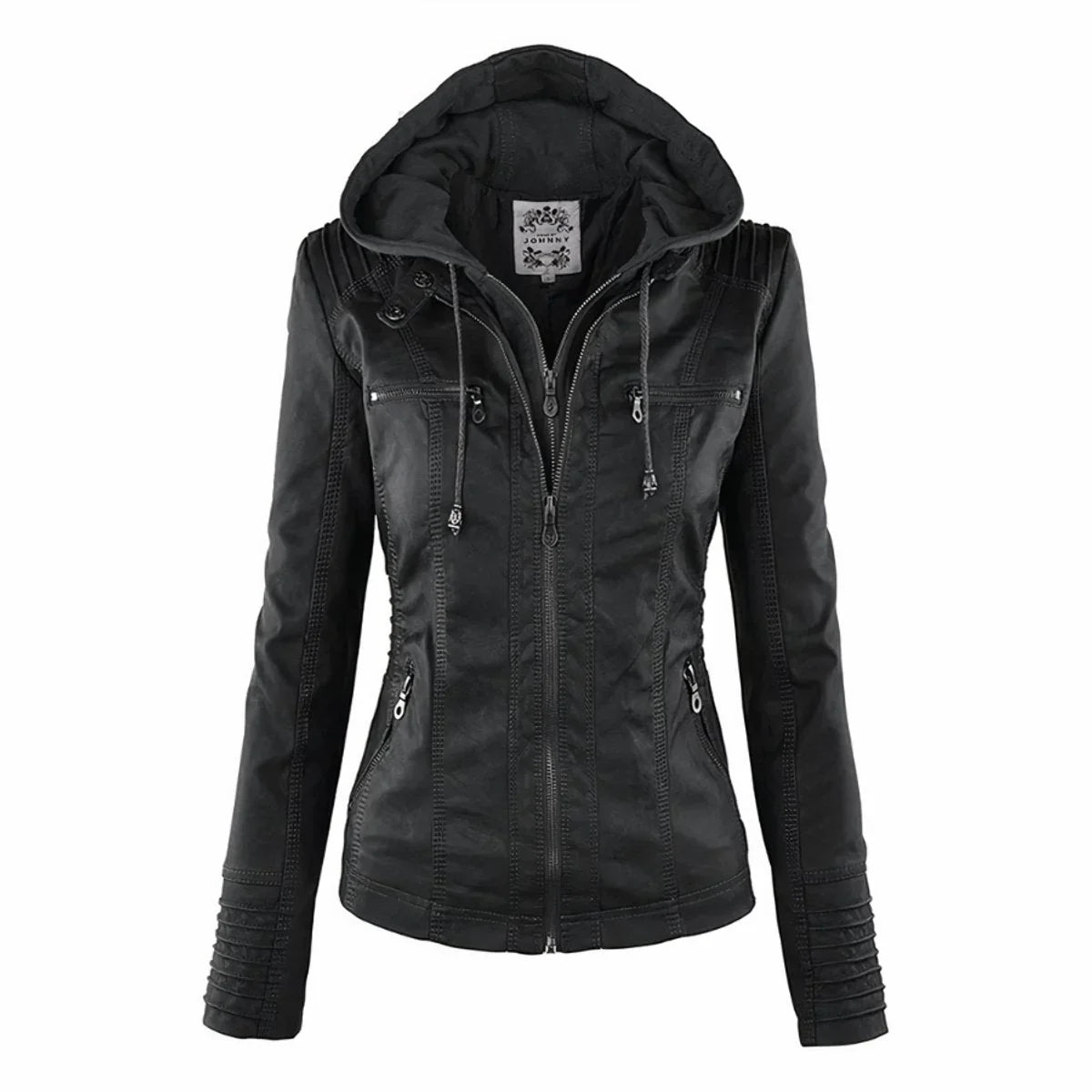 Women's hooded moto faux leather jacket removable hood – Black