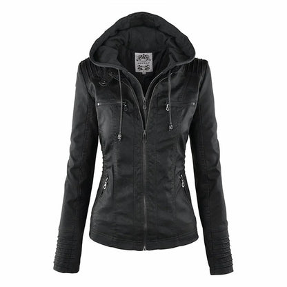 Women's hooded moto faux leather jacket removable hood – Black