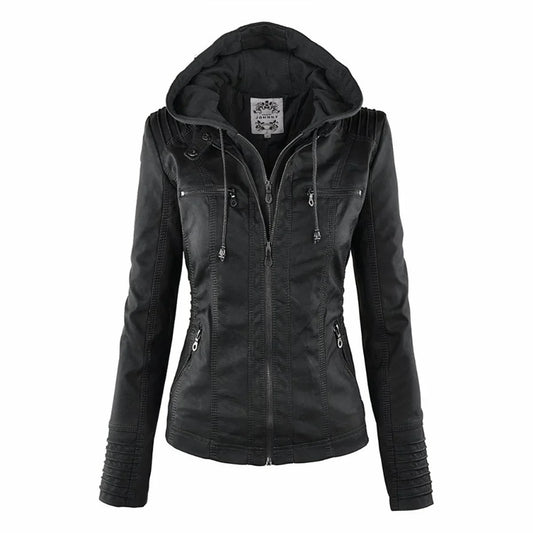 Women's hooded moto faux leather jacket removable hood – Black