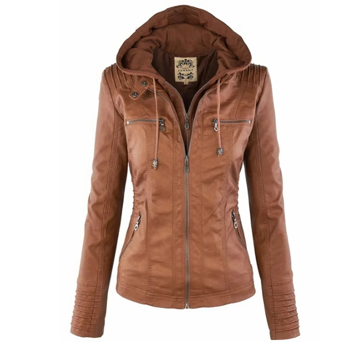 Women's hooded moto faux leather jacket removable hood – Brown