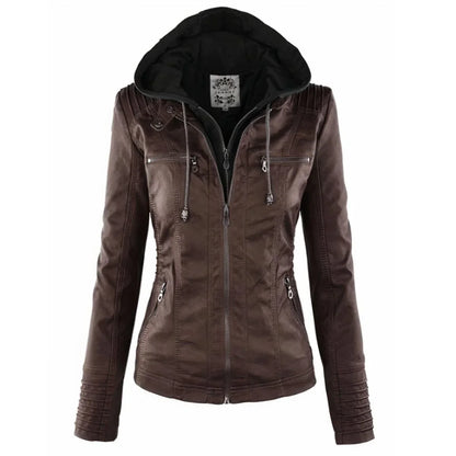 Women's hooded moto faux leather jacket removable hood – Dark Brown