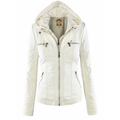 Women's hooded moto faux leather jacket removable hood – White