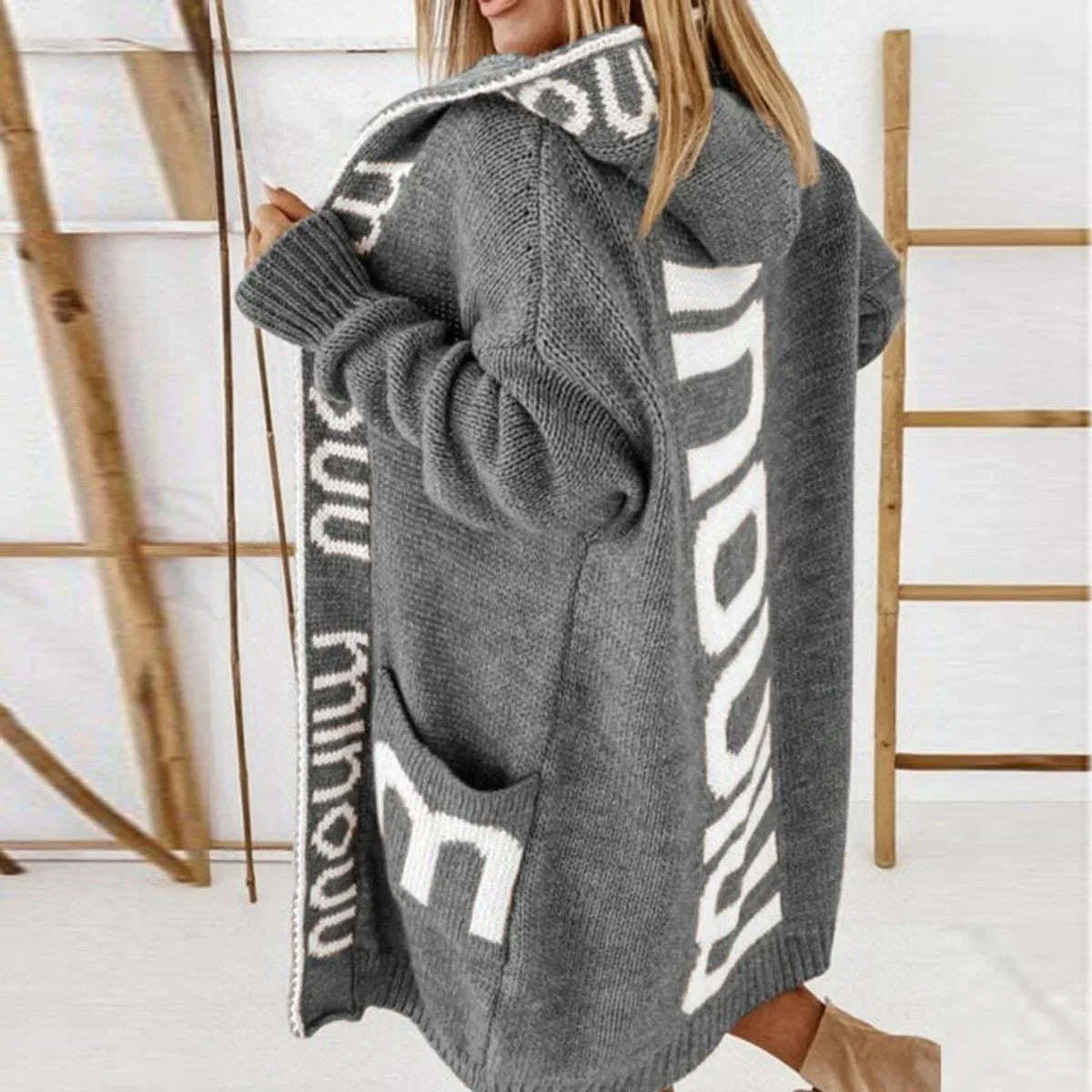 Women's hooded open-front knit cardigan sweater jacket – Gray