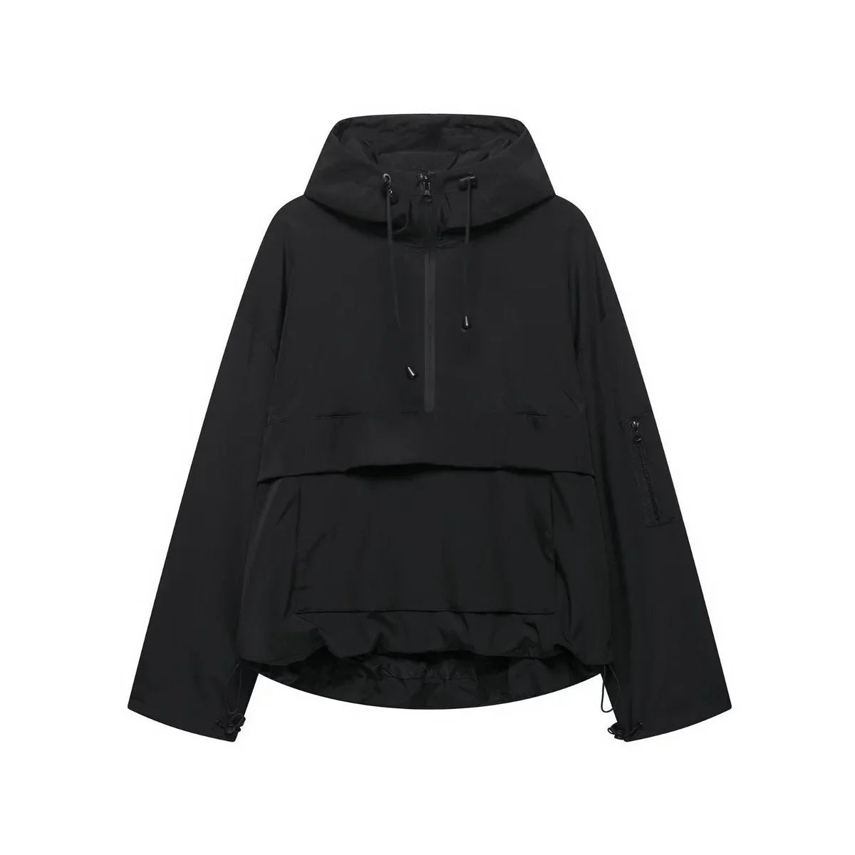Women's hooded pullover anorak quilted jacket half-zip – Black