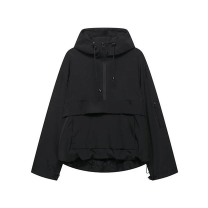 Women's hooded pullover anorak quilted jacket half-zip – Black