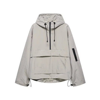 Women's hooded pullover anorak quilted jacket half-zip – Gray