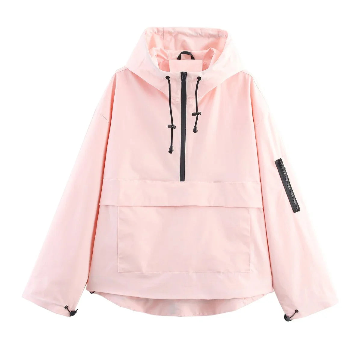 Women's hooded pullover anorak quilted jacket half-zip – Light Pink