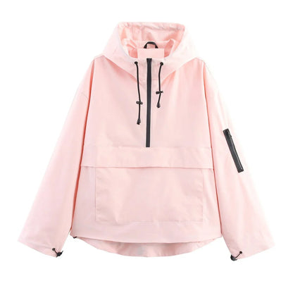 Women's hooded pullover anorak quilted jacket half-zip – Light Pink