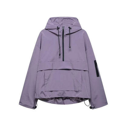 Women's hooded pullover anorak quilted jacket half-zip – Purple