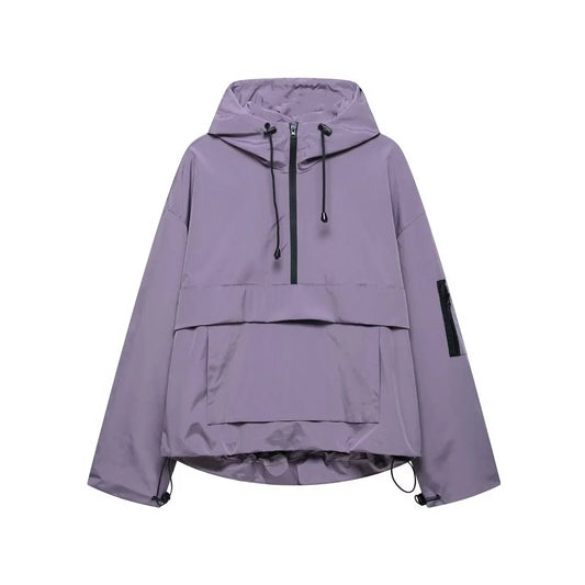 Women's hooded pullover anorak quilted jacket half-zip – Purple