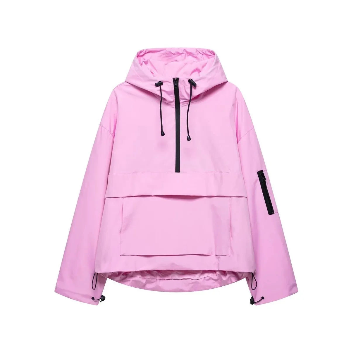 Women's hooded pullover anorak quilted jacket half-zip – Rose Pink