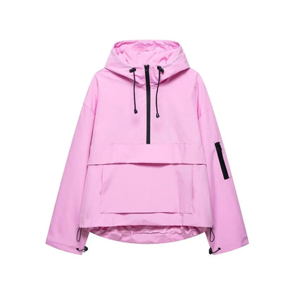 Women's hooded pullover anorak quilted jacket half-zip – Rose Pink