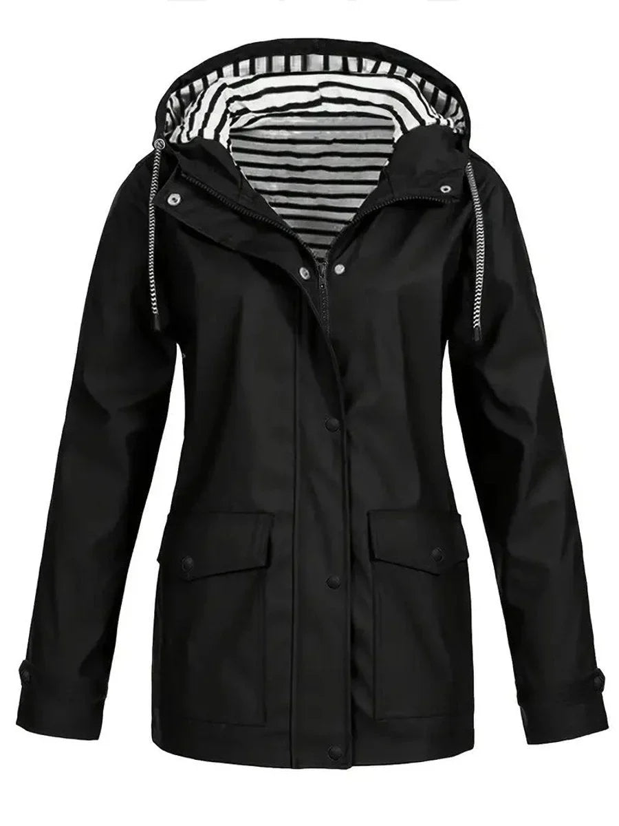 Women's hooded striped-lined zip-up waterproof rain coat – Black