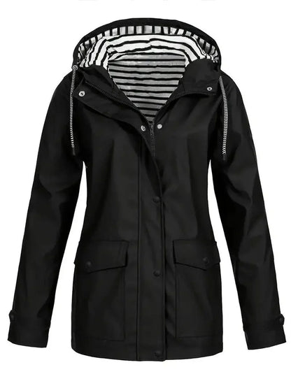 Women's hooded striped-lined zip-up waterproof rain coat – Black