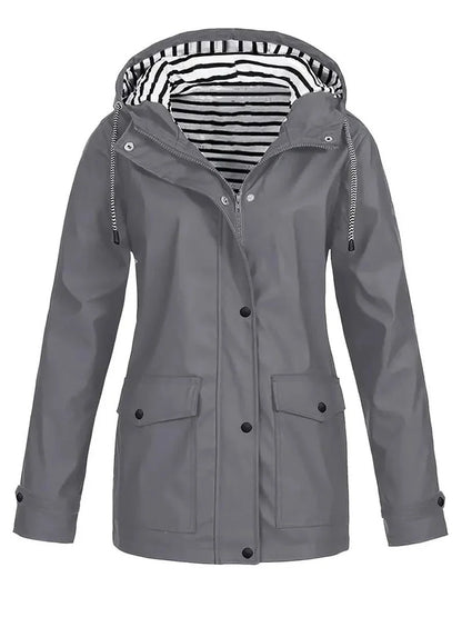 Women's hooded striped-lined zip-up waterproof rain coat – Gray