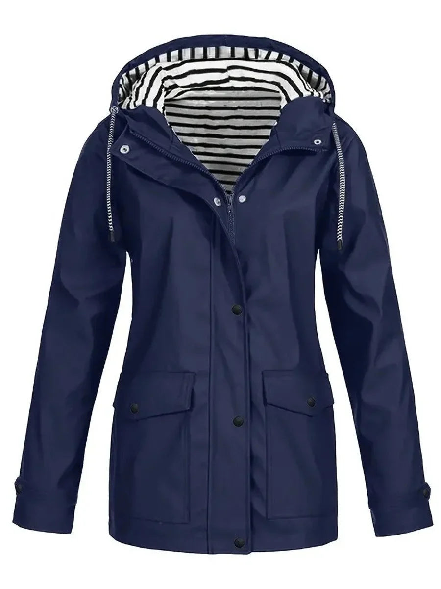 Women's hooded striped-lined zip-up waterproof rain coat – Navy Blue