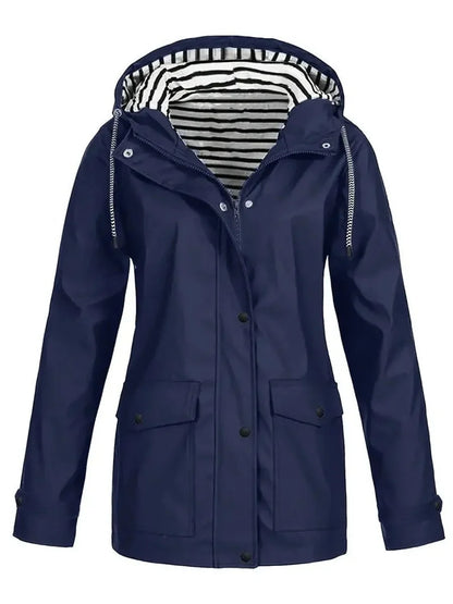 Women's hooded striped-lined zip-up waterproof rain coat – Navy Blue