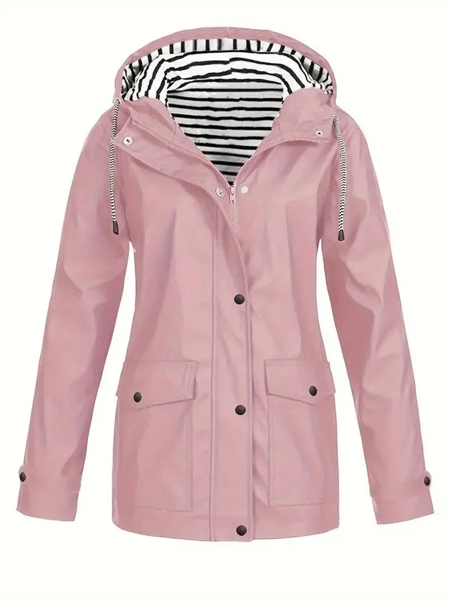 Women's hooded striped-lined zip-up waterproof rain coat – Pink