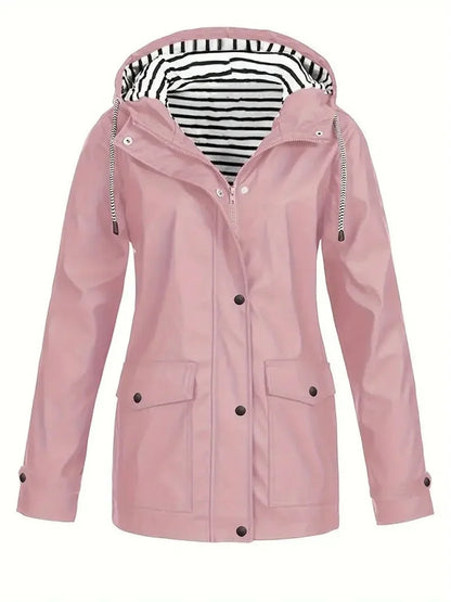 Women's hooded striped-lined zip-up waterproof rain coat – Pink