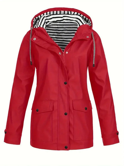 Women's hooded striped-lined zip-up waterproof rain coat – Red