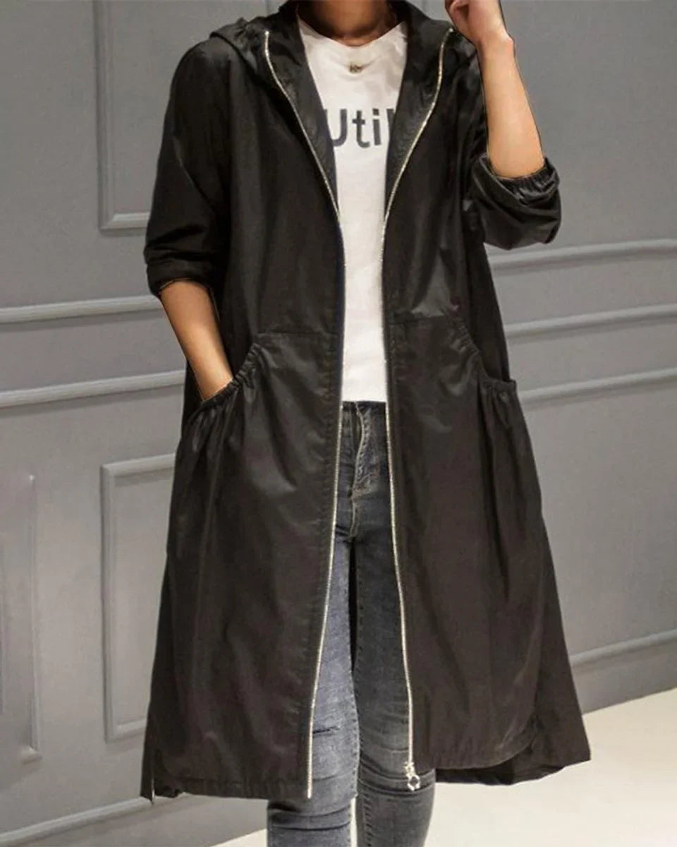 Women's hooded waterproof long trench coat zip-up – Black