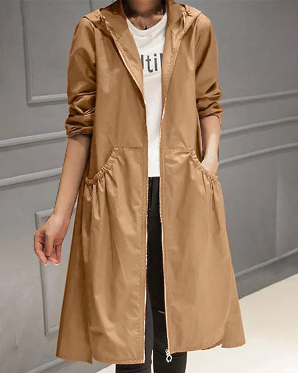 Women's hooded waterproof long trench coat zip-up – Brown