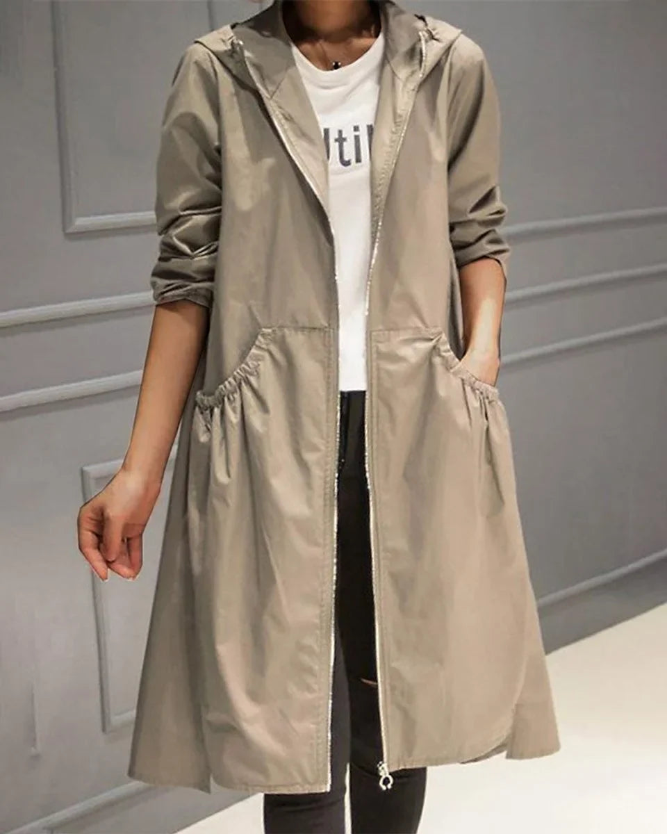Women's hooded waterproof long trench coat zip-up – Khaki