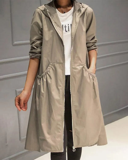 Women's hooded waterproof long trench coat zip-up – Khaki