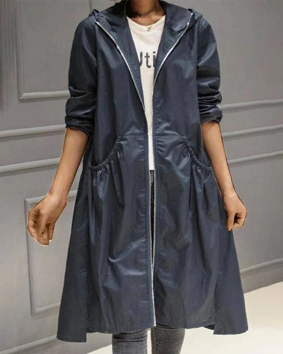 Women's hooded waterproof long trench coat zip-up – Navy Blue
