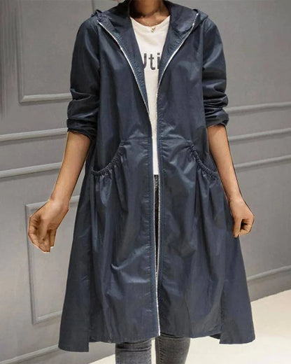Women's hooded waterproof long trench coat zip-up – Navy Blue