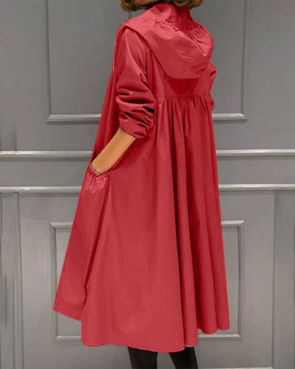 Women's hooded waterproof long trench coat zip-up – Red