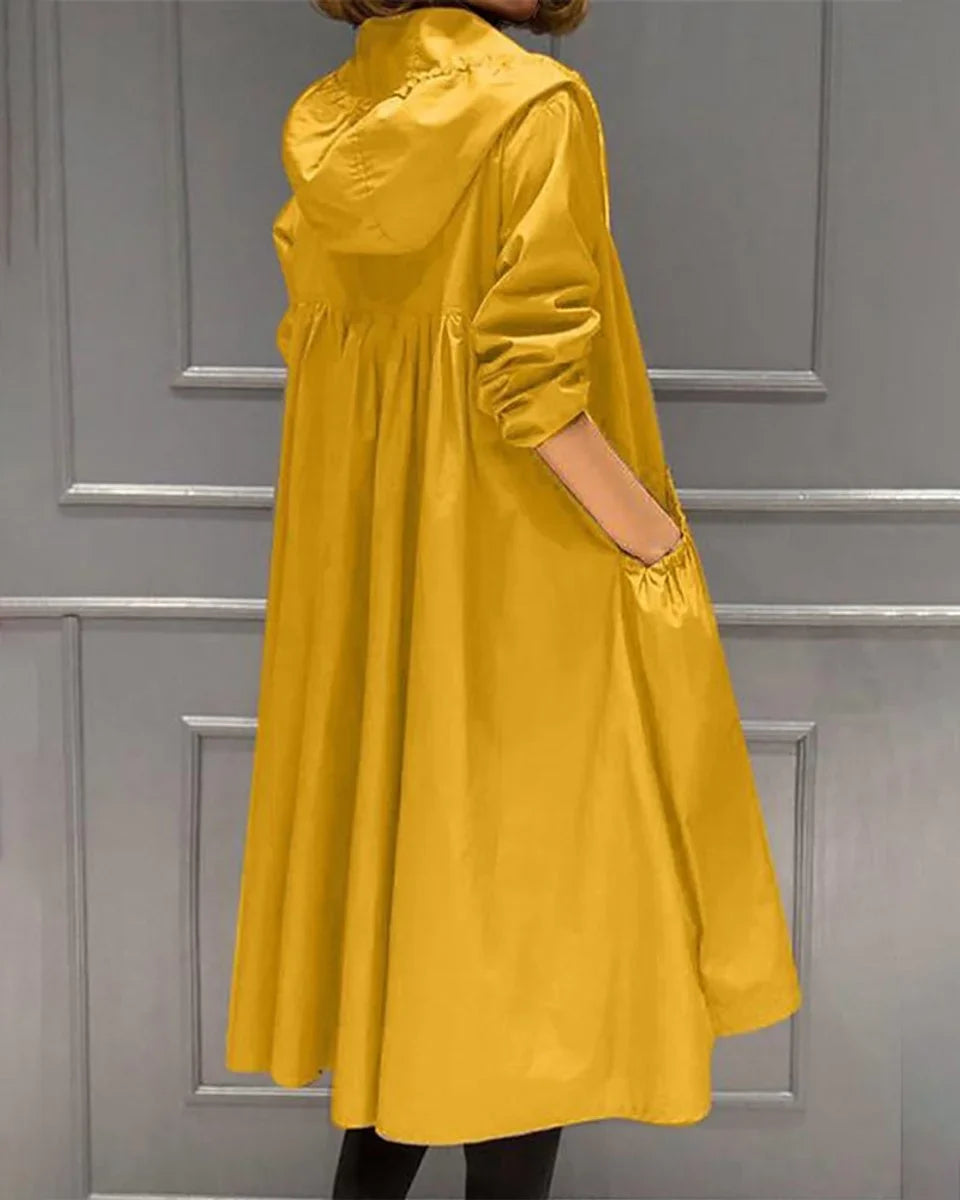 Women's hooded waterproof long trench coat zip-up – Yellow