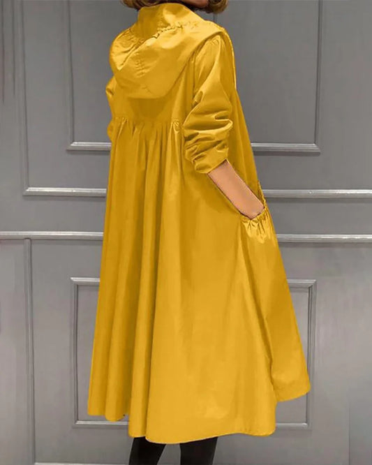 Women's hooded waterproof long trench coat zip-up – Yellow