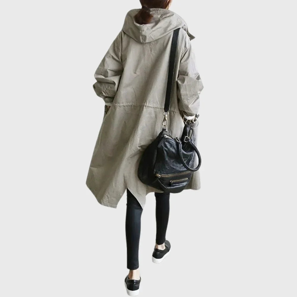 Women's hooded waterproof relaxed-fit long trench coat