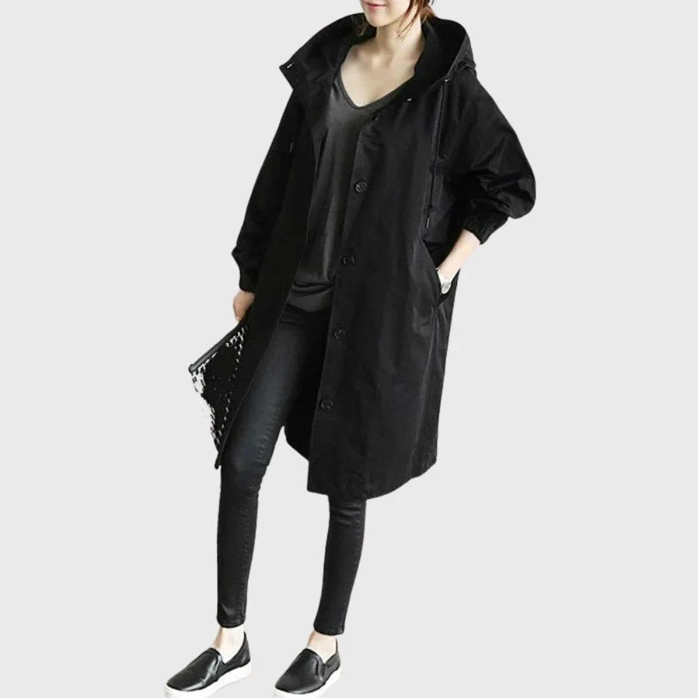Women's hooded waterproof relaxed-fit long trench coat – Black
