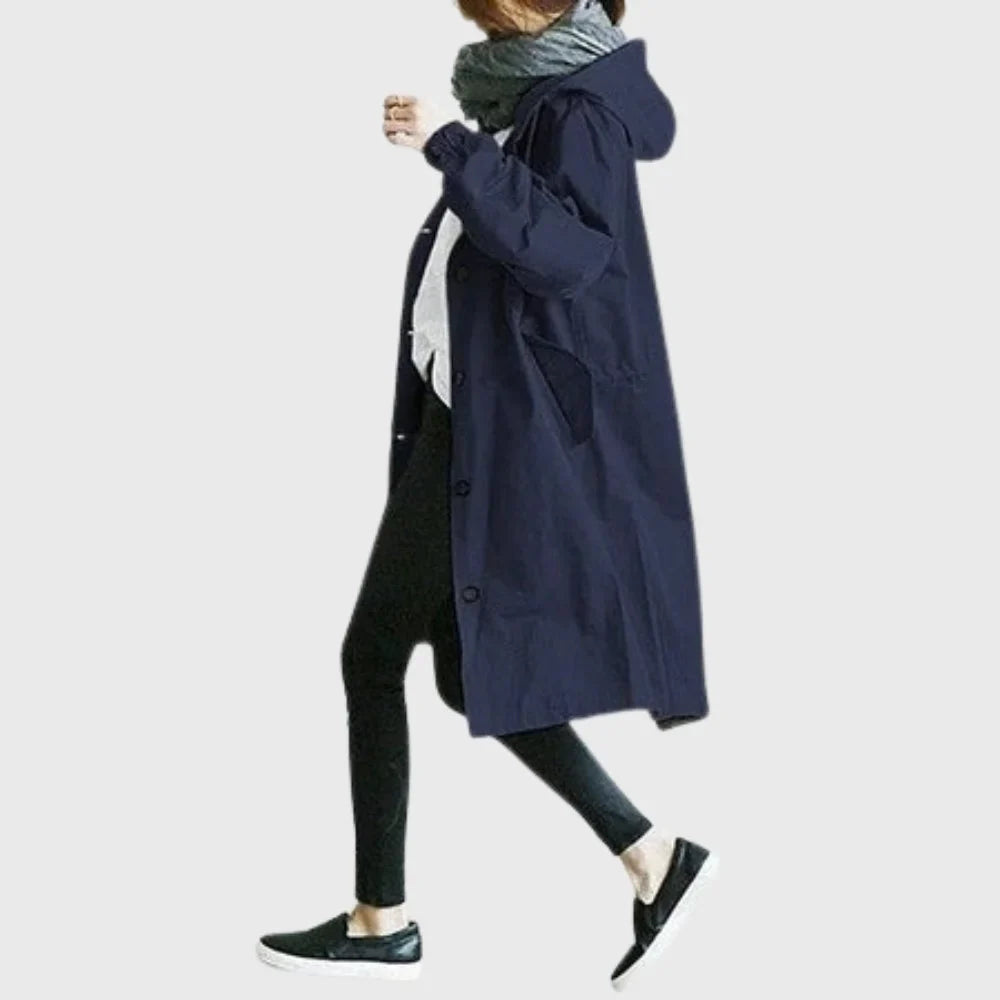 Women's hooded waterproof relaxed-fit long trench coat – Blue