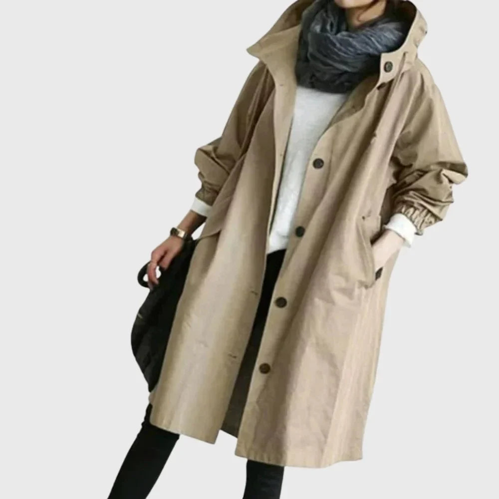 Women's hooded waterproof relaxed-fit long trench coat – Brown
