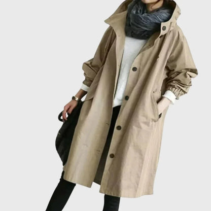 Women's hooded waterproof relaxed-fit long trench coat – Brown