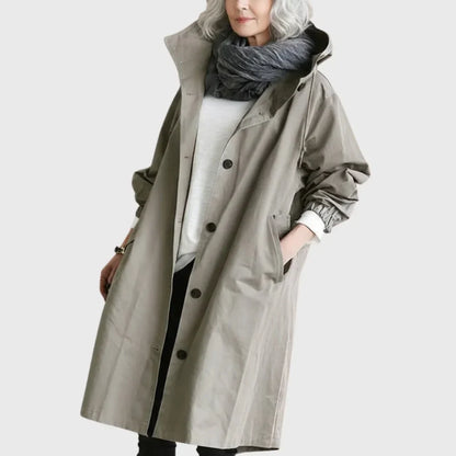 Women's hooded waterproof relaxed-fit long trench coat – Grey