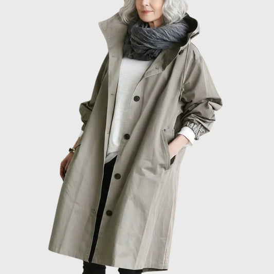 Women's hooded waterproof relaxed-fit long trench coat – Grey
