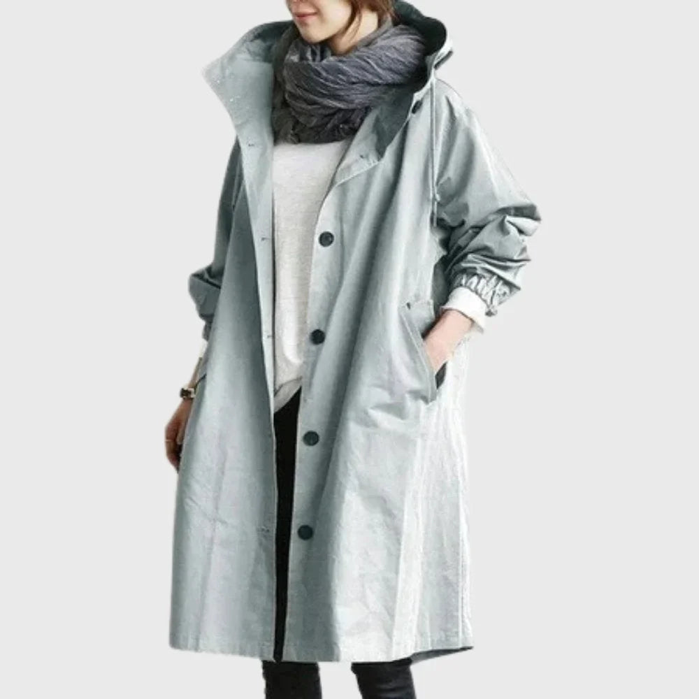 Women's hooded waterproof relaxed-fit long trench coat – Light Blue