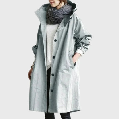 Women's hooded waterproof relaxed-fit long trench coat – Light Blue