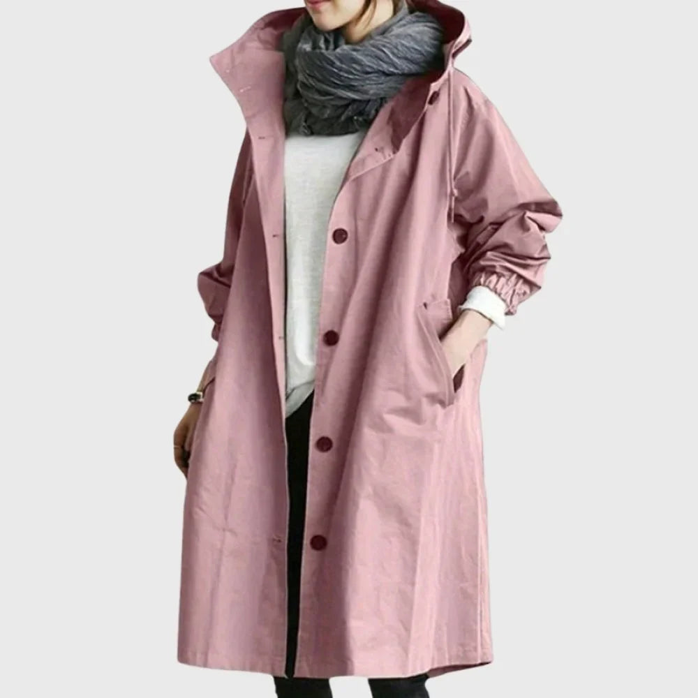 Women's hooded waterproof relaxed-fit long trench coat – Pink