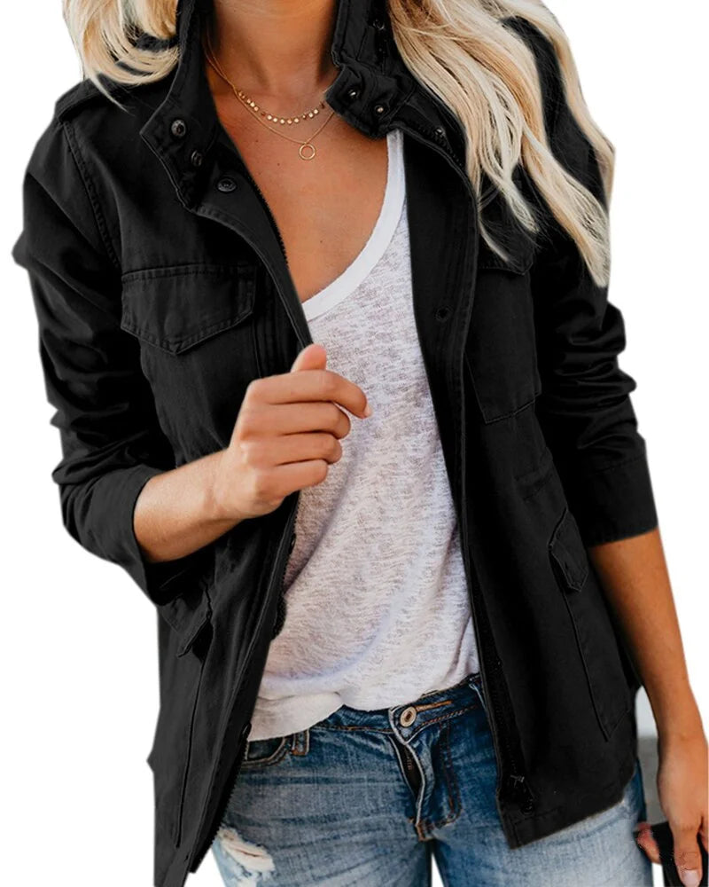 Women's utility field jacket with zip-front stand collar – Black